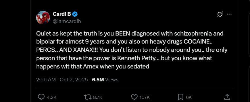 Cardi&#039;s tweet on October 2 (Image via X/@iamcardib)