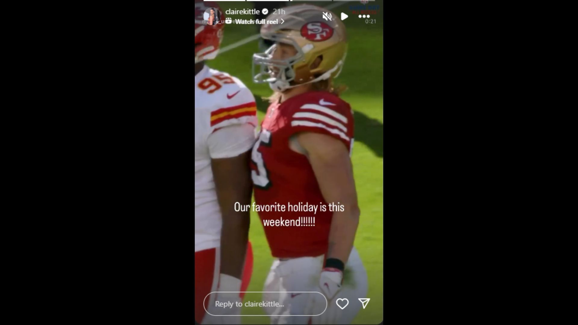 Claire Kittle is ready to celebrate National Tight Ends Day. (Photo via Claire Kittle&#039;s Instagram Story)