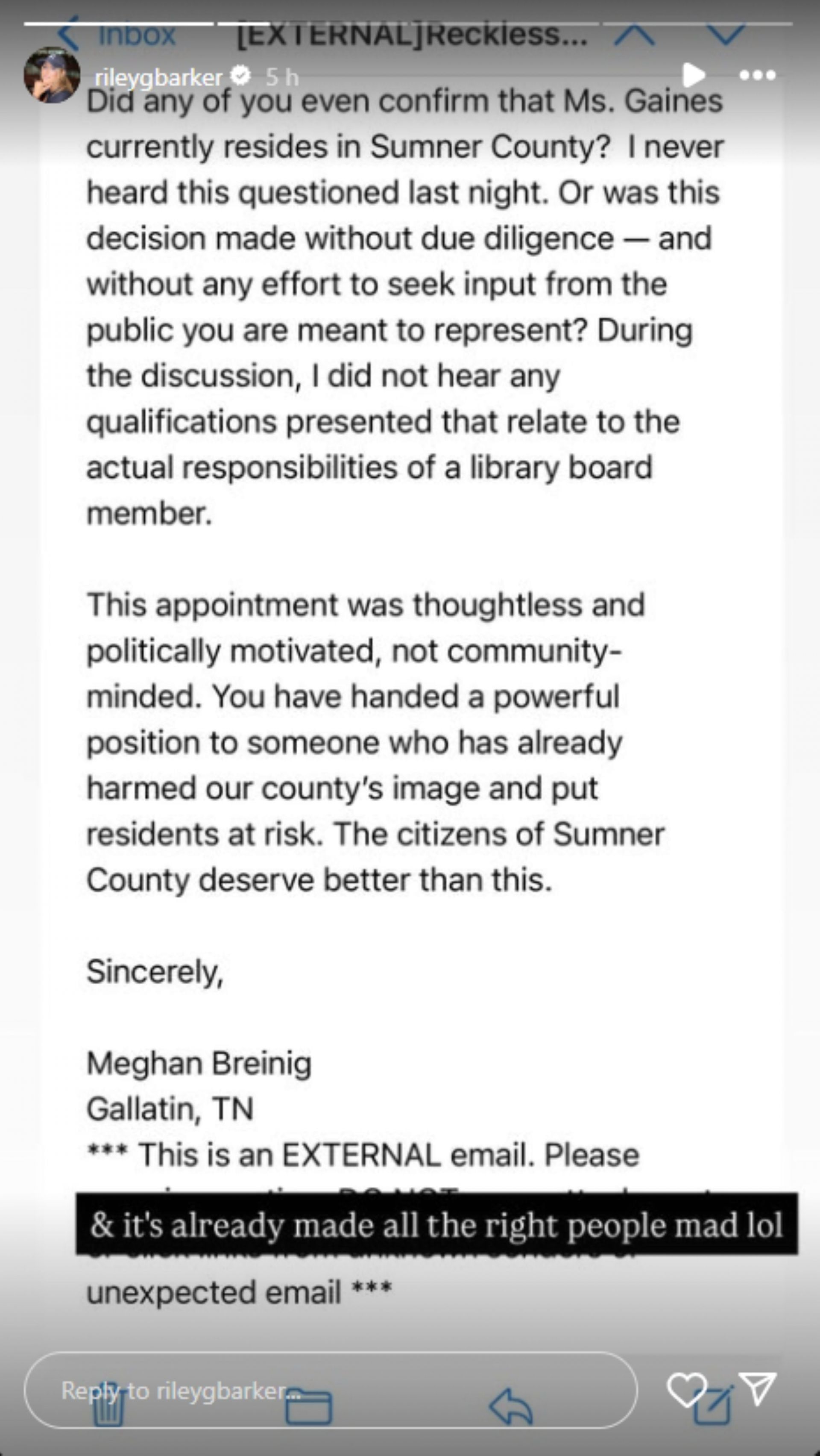 Riley Gaines addressed criticism after her Sumner County board appointment; Instagram - @rileygbarker