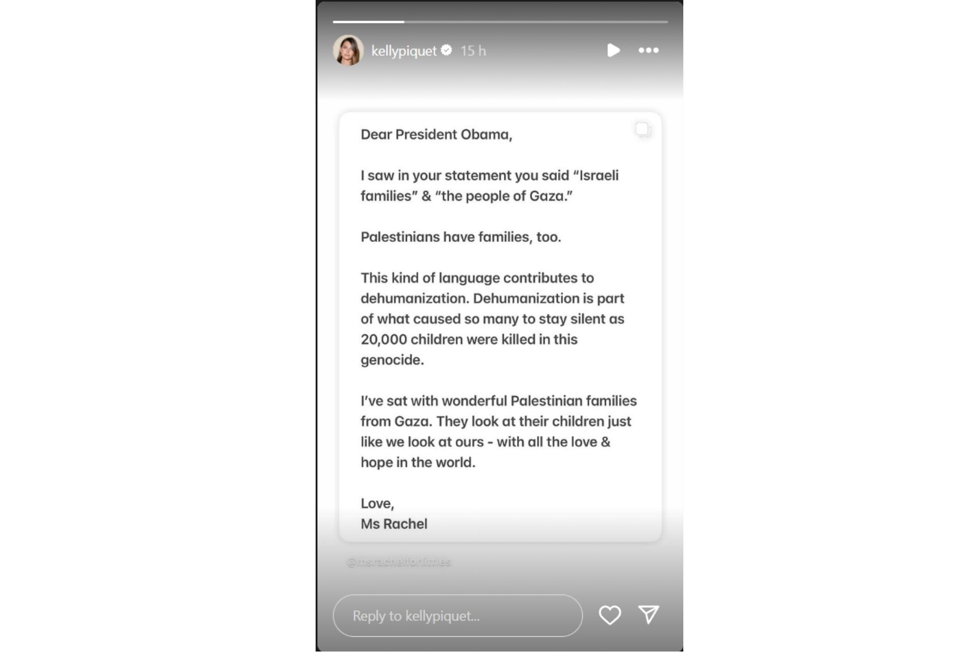 Kelly Piquet reshares Ms Rachel&#039;s criticism of former US President&#039;s statement (@kellypiquet on Instagram)