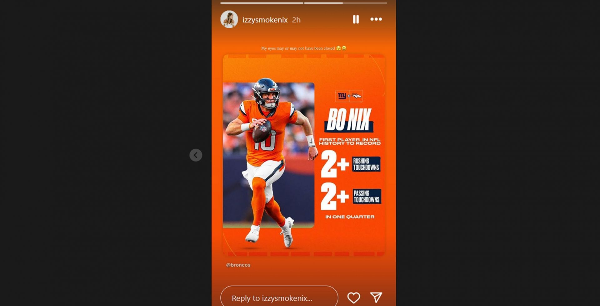 Bo Nix&#039;s wife Izzy&#039;s reaction to Broncos win vs. Giants/@izzysmokenix