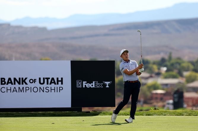 Why was play suspended at the Bank of Utah Championship 2025, Round 1?