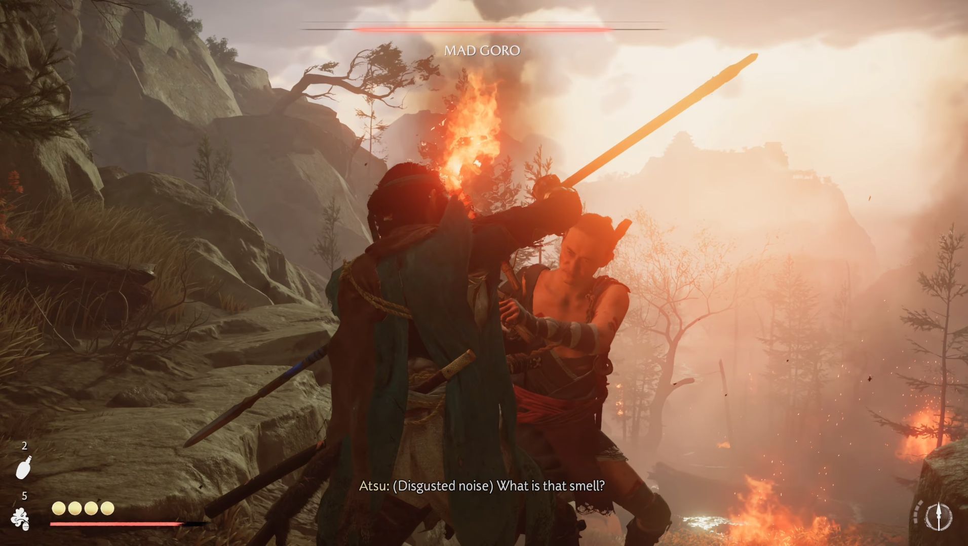 Avoid his fiery attacks and strike when he overextends (Image via Sucker Punch || Gamerack on YouTube)