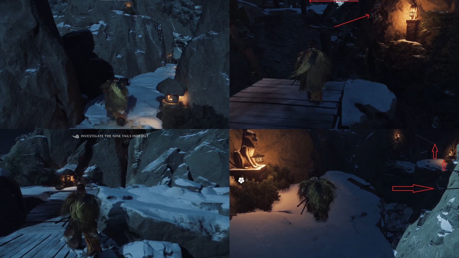 Markers for reaching puzzle 3 in the Blood on the Snow quest (Image via Sportskeeda Gaming || Sucker Punch)