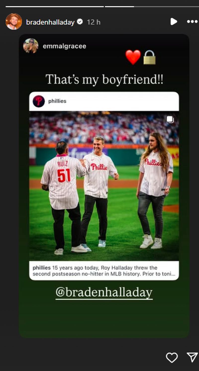 Ray Halladay&#039;s son Braden reshared his girlfriend Emma story (@bradenhalladay/Instagram)