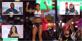 Sanya Richards-Ross, Justin Gatlin, Mikaela Shiffrin react to Tara Davis-Woodhall performing in fully packed Times Square for Athlos NYC 2025