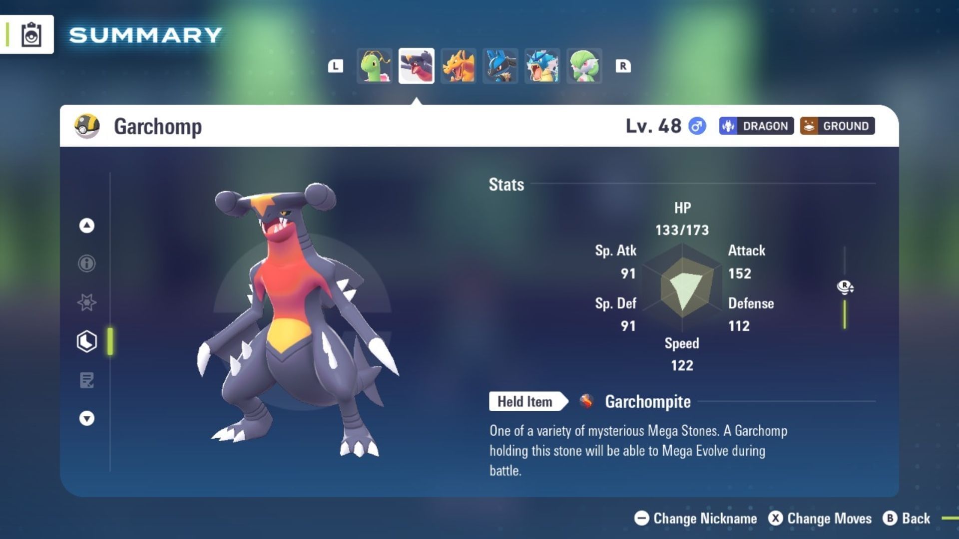 Checking Garchomp&#039;s EVs in-game (Image via The Pokemon Company)
