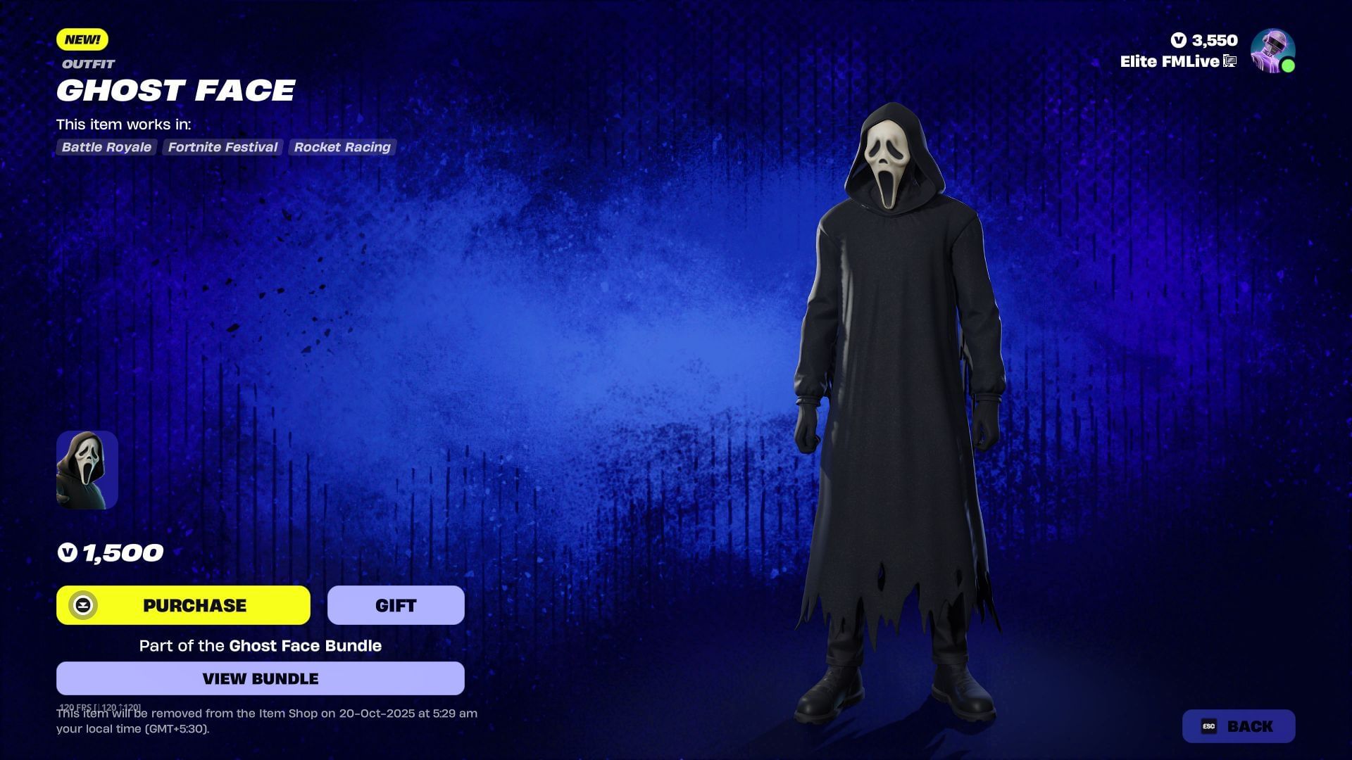 The Ghost Face skin will remain listed until October 20, 2025 (Image via Sportskeeda Gaming || Epic Games)