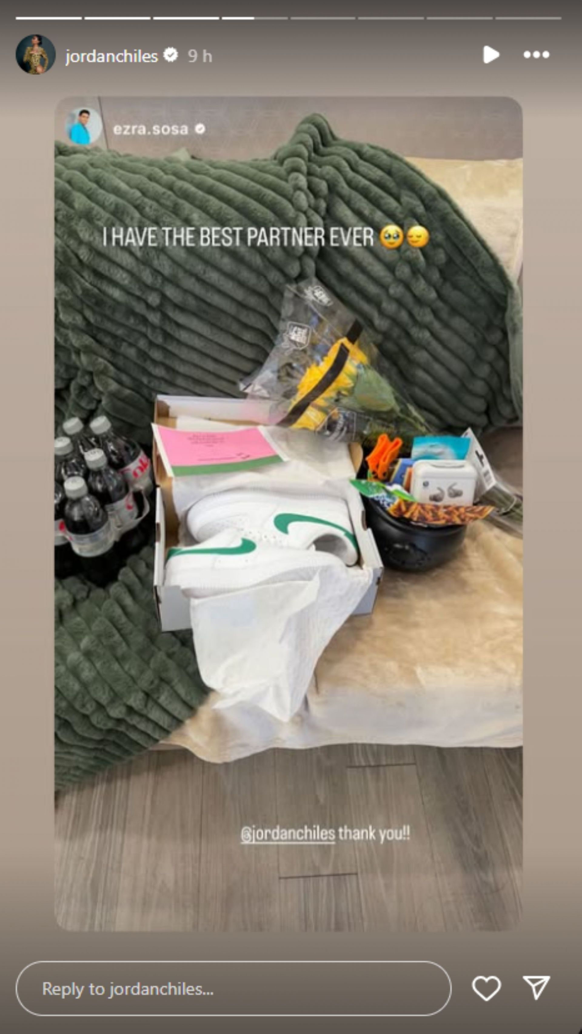 Chiles showers her dance partner, Ezra Sosa, with gifts; Instagram - @jordanchiles