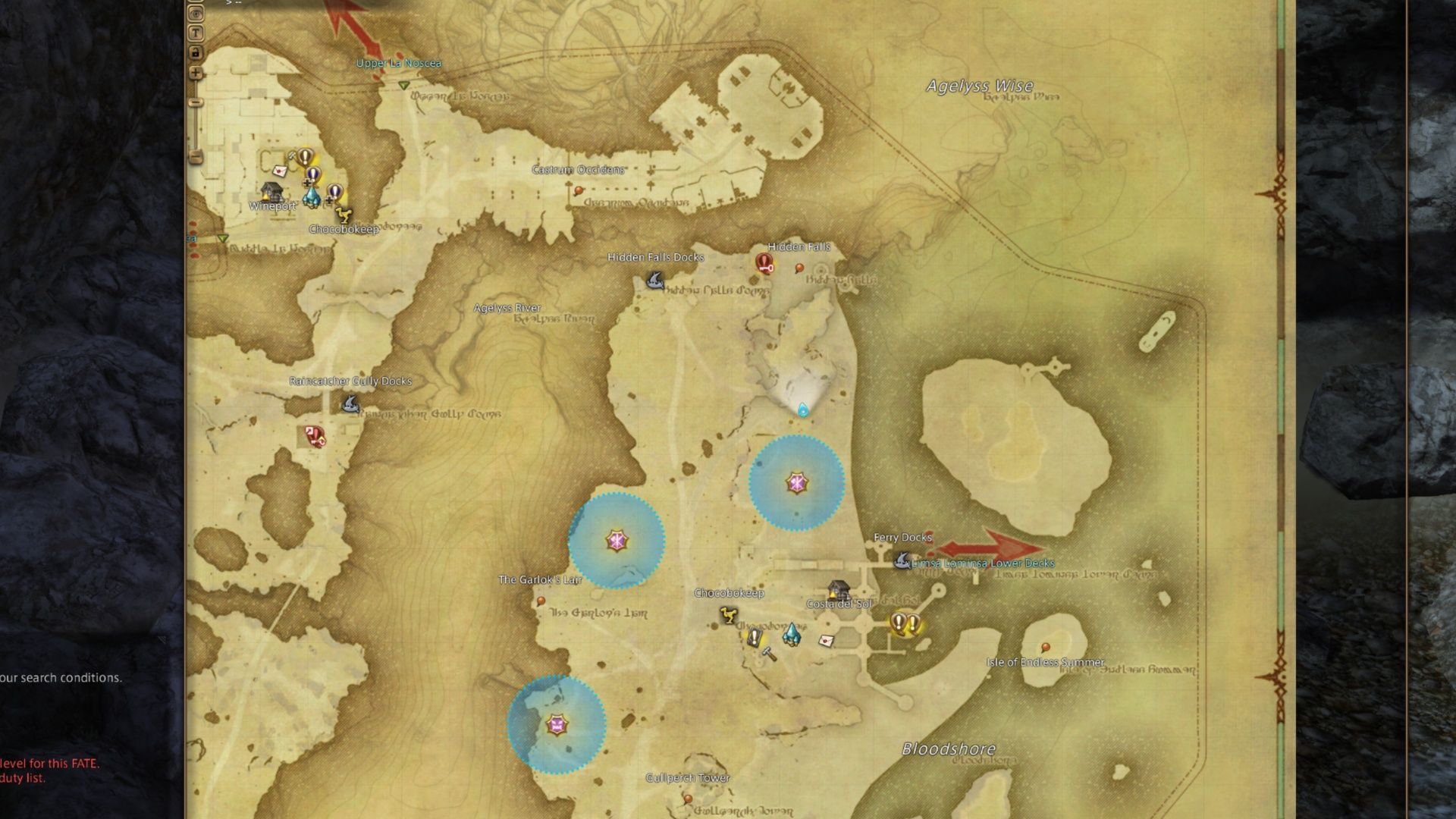 If you want easy Jellyfish Umbrellas, just head to this part of the Eastern La Noscea map, and beat up some level 30 Bloodshore Bells (Image via Square Enix)