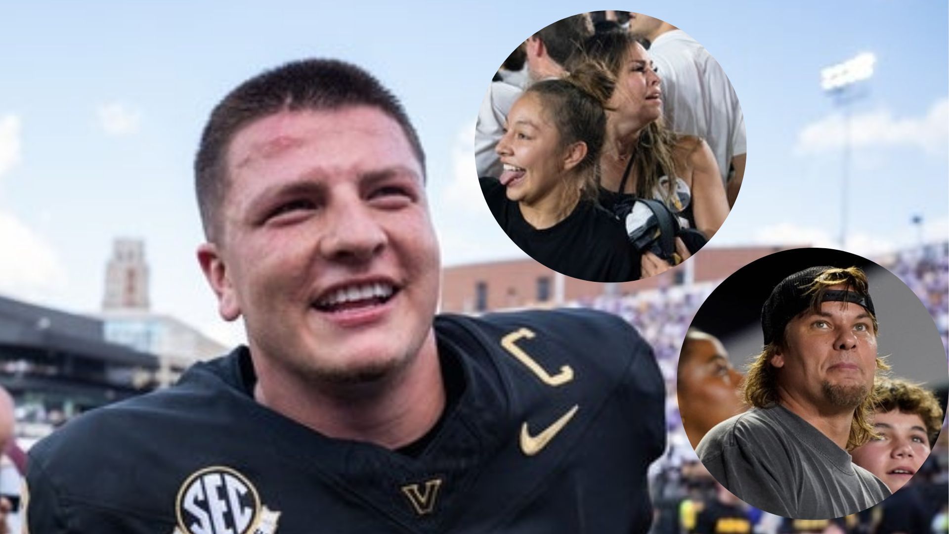 Vanderbilt quarterback Diego Pavia, mom Antoinette Padilla and comedian Theo Von (Image Source: IMAGN)