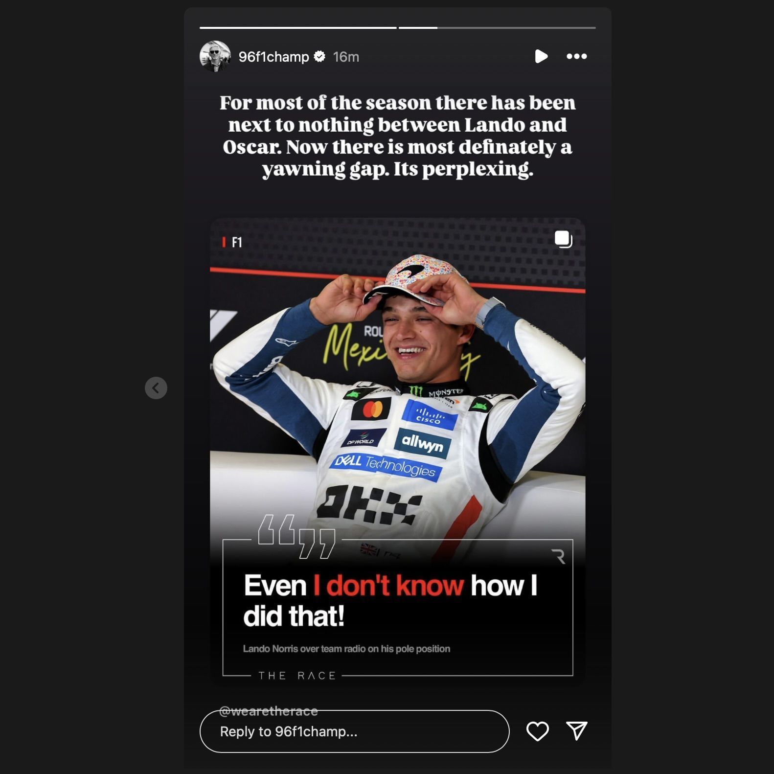 Screen grab of Damon Hill&#039;s Instagram story [via Instagram/@96f1champ]