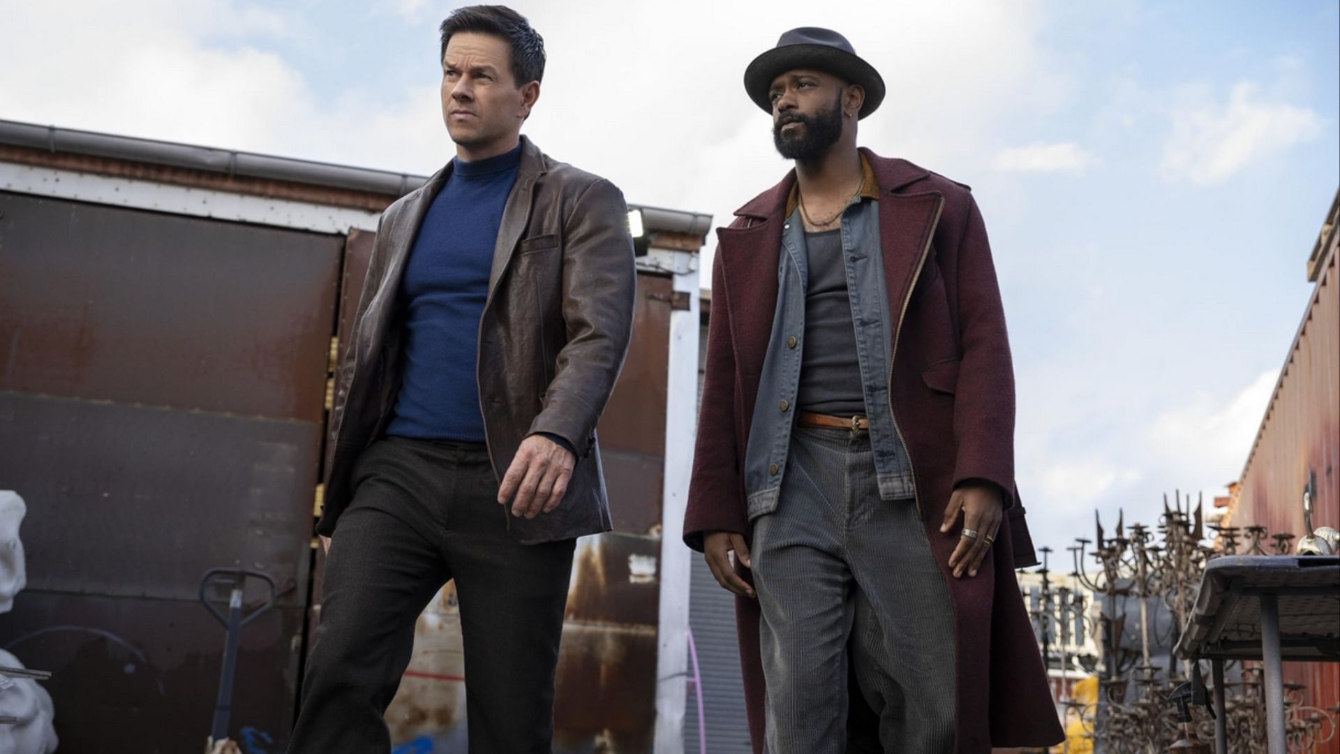 Mark Wahlberg and LaKeith Stanfield in Play Dirty, with scenes filmed on location in Sydney and surrounding areas. (Image via Amazon Prime)