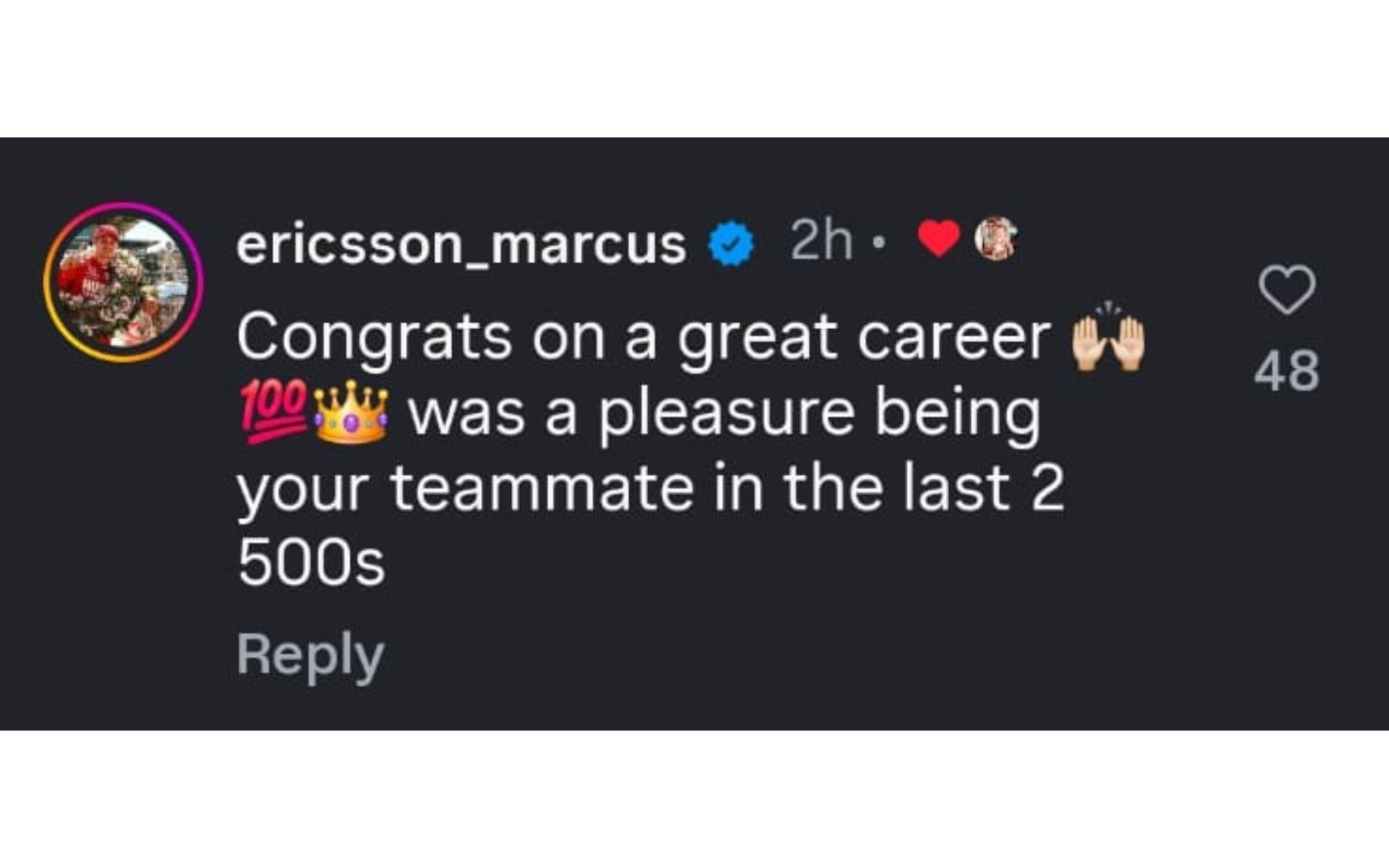 Marcus Ericsson&#039;s comment on Andretti&#039;s Instagram post | Source: Instagram