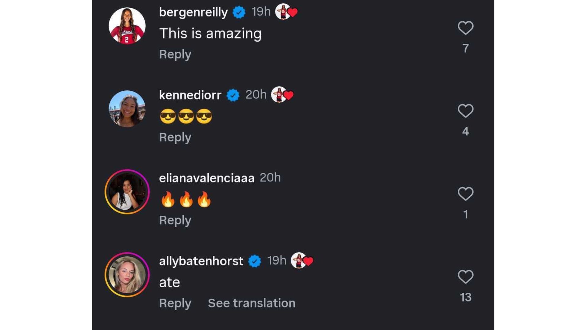 Screenshot of Reilly and Batenhorst&#039;s comments (Image via: @adidasvolleyball on IG)