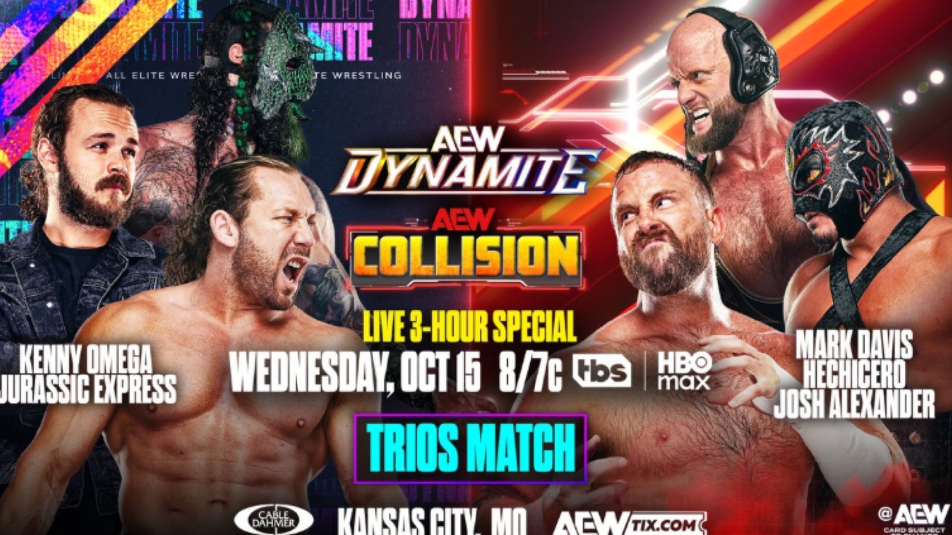 Match graphic for Kenny Omega and Jurassic Express vs the Don Callis Family [Source : AEW&#039;s X profile]