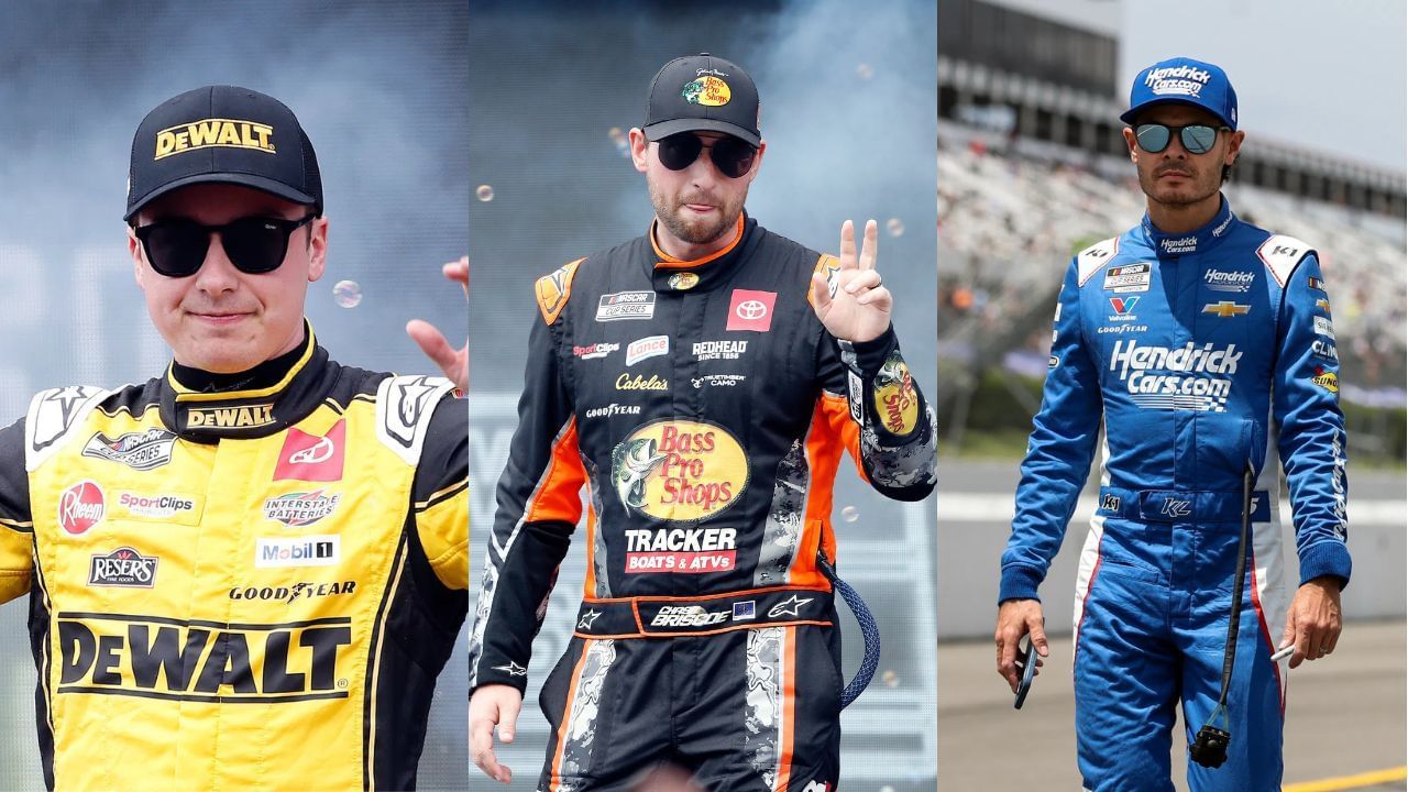 A side-by-side image of (L-R) NASCAR Cup Series driver Christopher Bell (20) walks out onto the stage for driver introductions before the EchoPark Automotive Grand Prix at Circuit of the Americas. Mandatory Credit: Jamie Harms-Imagn Images, NASCAR Cup Series driver Chase Briscoe (19) walks out onto the stage for driver introductions before the EchoPark Automotive Grand Prix at Circuit of the Americas. Mandatory Credit: Jamie Harms-Imagn Images and Jun 21, 2025; Long Pond, Pennsylvania, USA; NASCAR Cup Series driver Kyle Larson walks on pit road during practice and qualifying for The Great American Getaway 400 at Pocono Raceway. Mandatory Credit: Matthew O