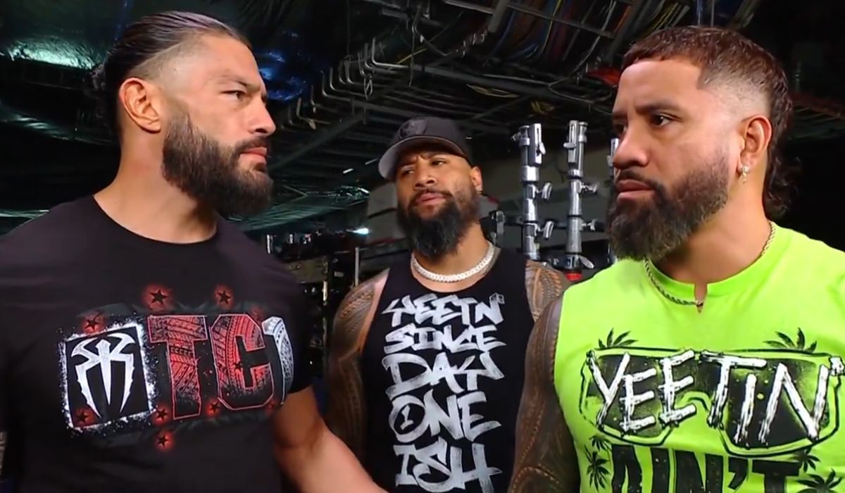 Roman Reigns and The Usos on RAW backstage. [Image credits: WWE on X]