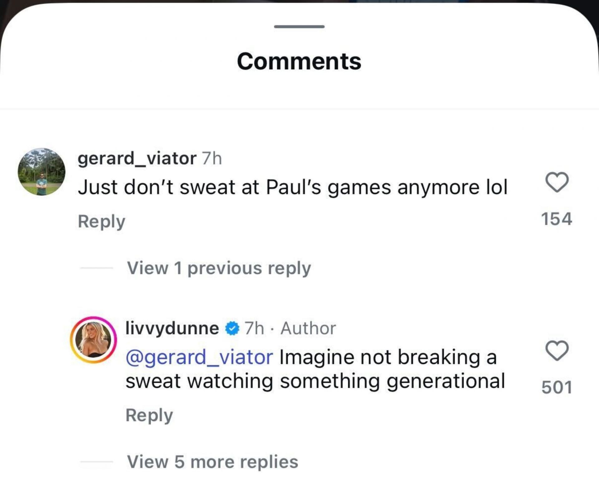 Screengrab of Olivia Dunne&#039;s Instagram comment section [Image Source : Olivia Dunne&#039;s Instagram]