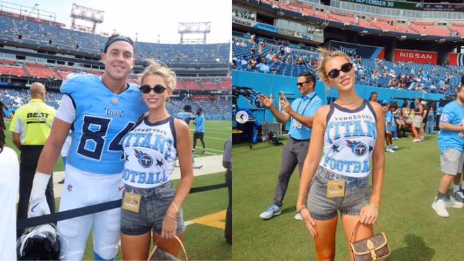 Gunnar Helm's GF Erin Schassler pairs $2,110 Louis Vuitton bag with custom Titans tank top for matchup vs. Arizona [PHOTO]
