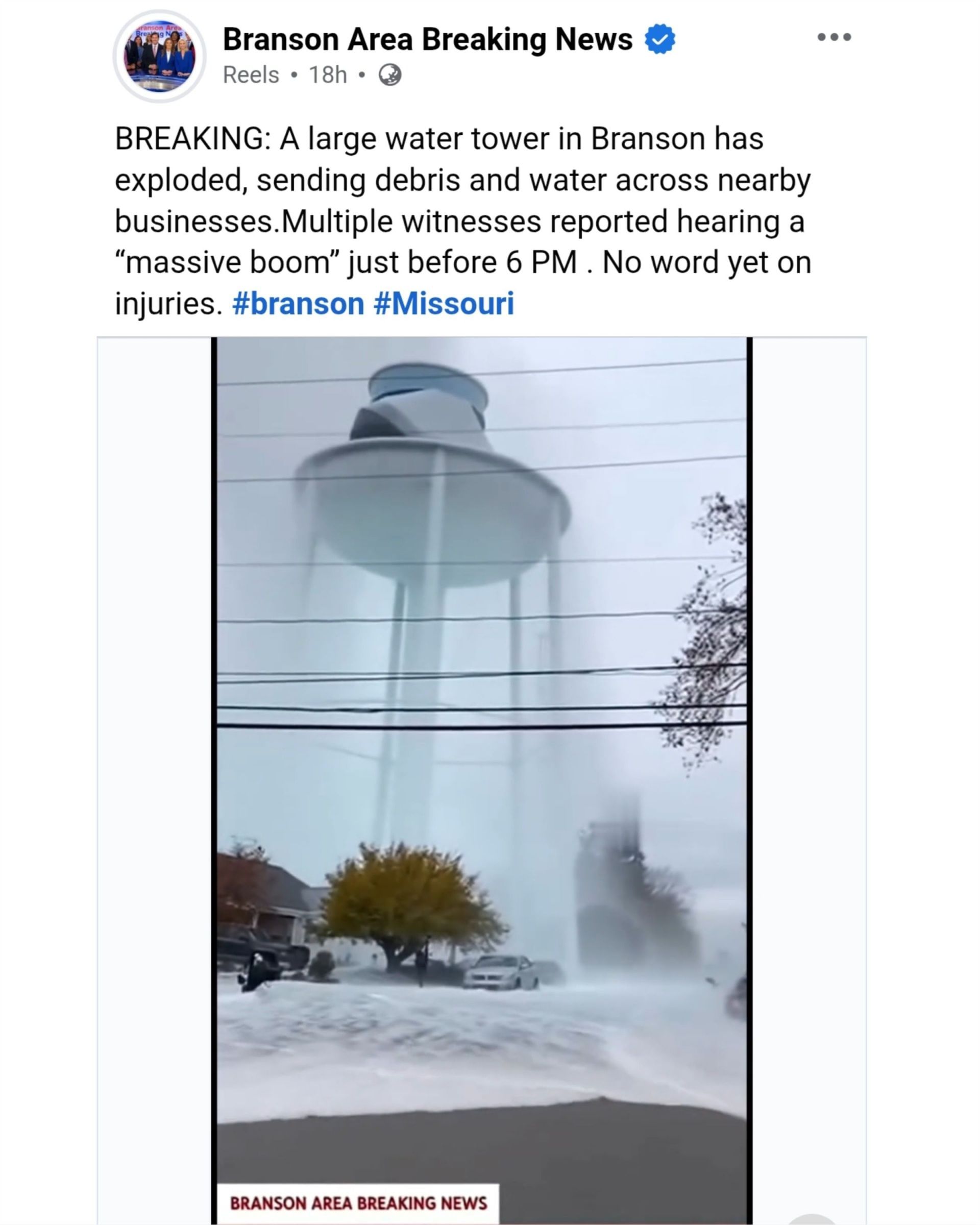 Video showing the water tower bursting, (Photo via Facebook/Branson Area Breaking News) 