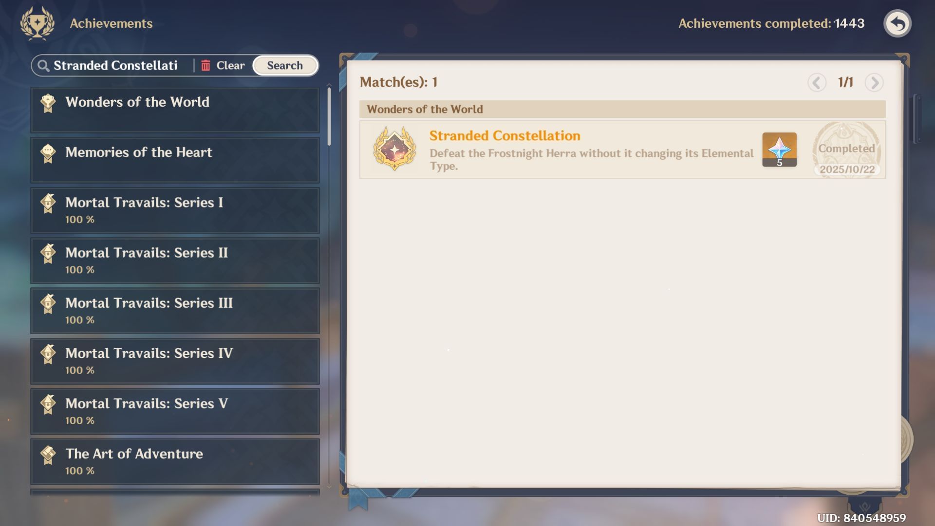 Stranded Constellation achievement (Image via HoYoverse)