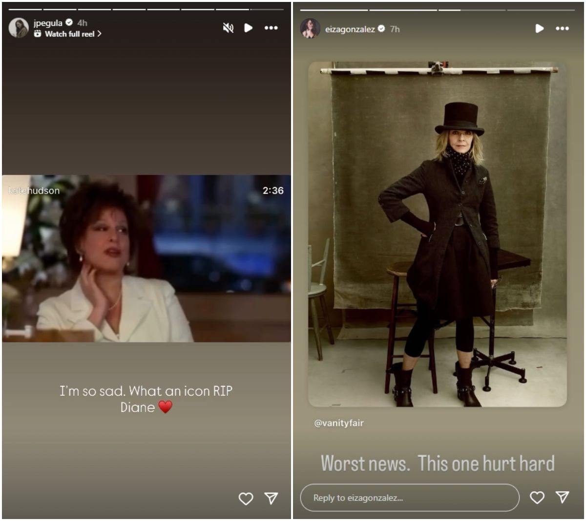 Pegula and Gonzalez mourn the death of Diane Keaton; Instagram - @jpegula and @eizagonzalez