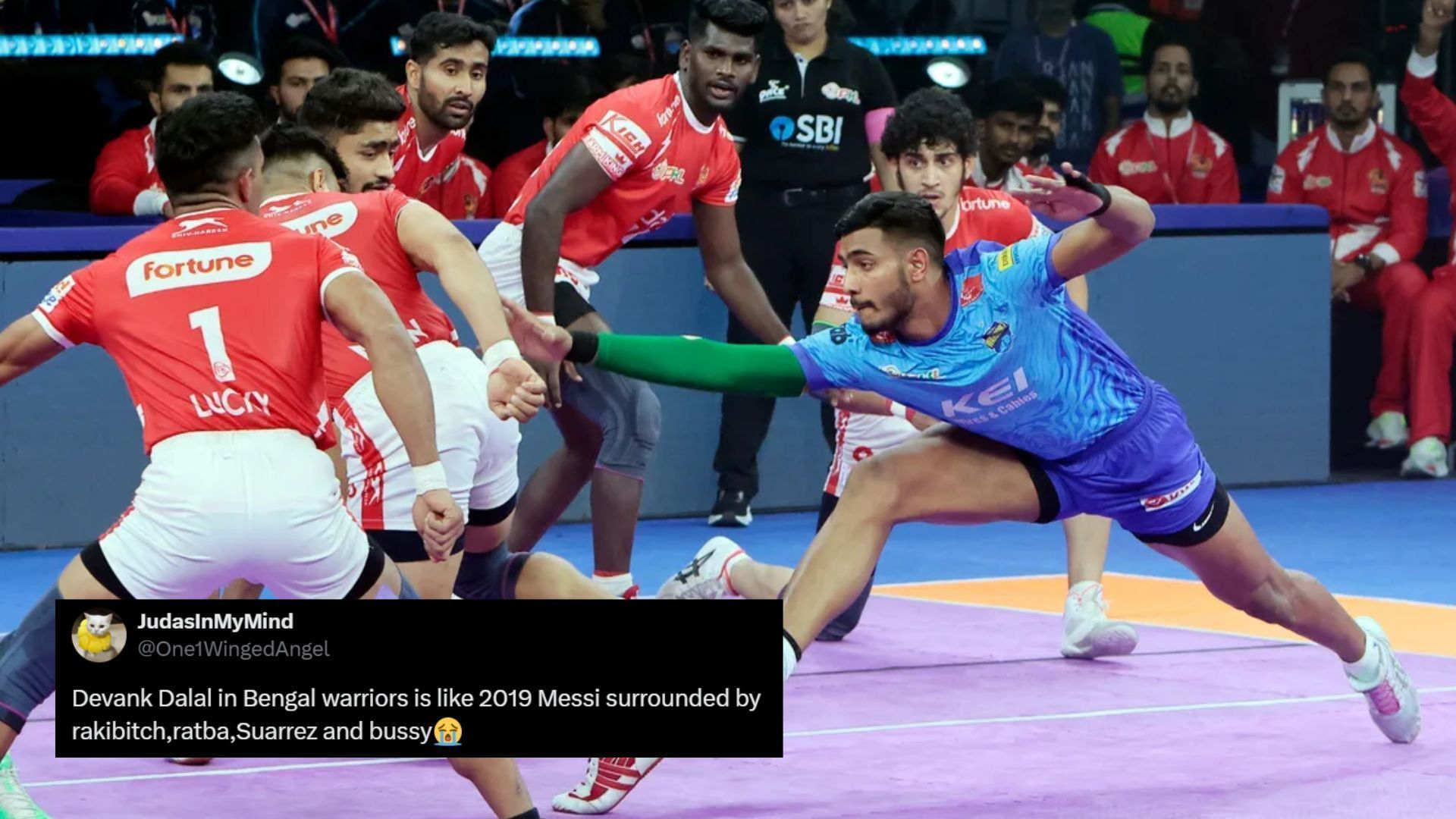 Devank Dalal in action for Bengal Warriorz (Image Credits: PKL &amp; @One1WingedAngel/X)