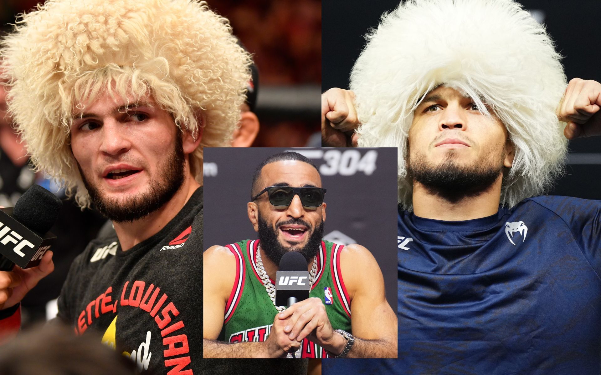 Belal Muhammad (inset) talks about Khabib Nurmagomedov (left) pressuring Umar Nurmagomedov (right).[Images courtesy: Getty]