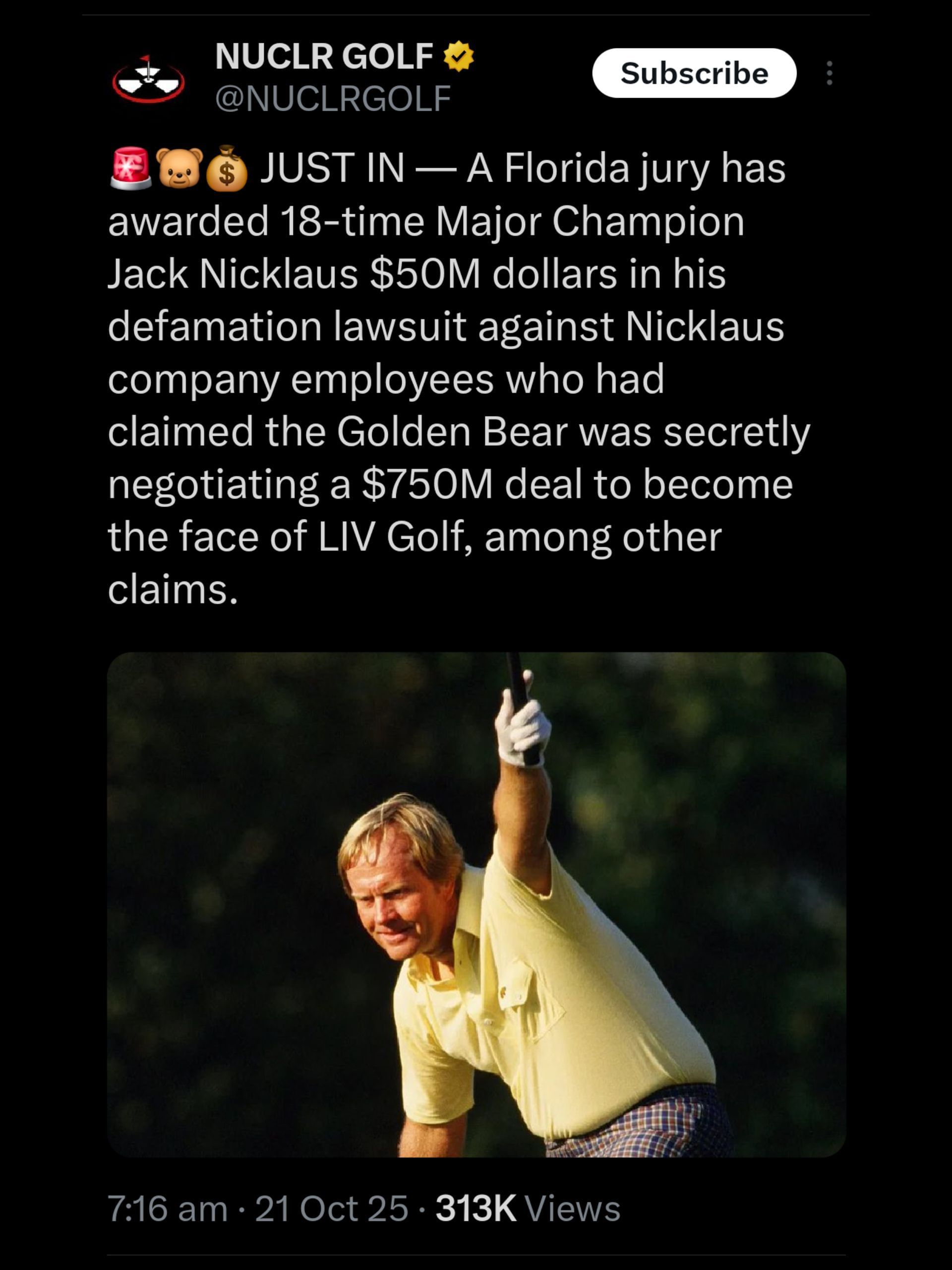 NUCLR Golf&#039;s X post on Nicklaus&#039; defamation win / Source: X