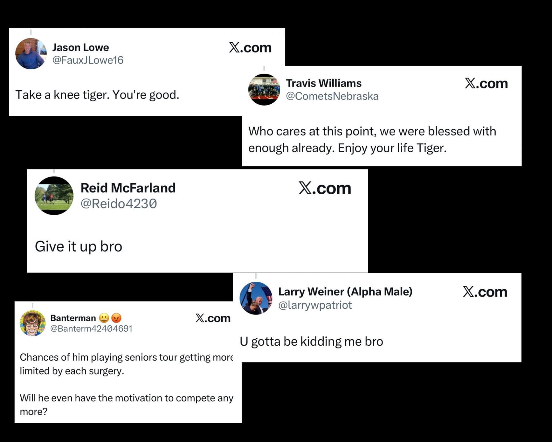 Fans on X react to Woods&rsquo; injury update _ [Images via X/@FauxJlowe16 @CometsNebraska @Reido4230 @larrywpatriot @Banterm42404691]