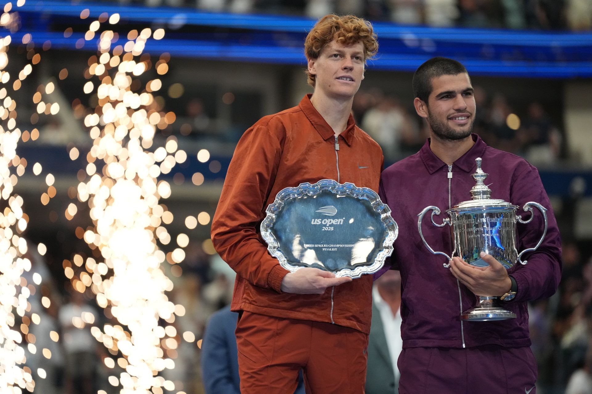 Jannik Sinner (left) and Carlos Alcaraz (right) after the conclusion of the men&#039;s singles final at the 2025 US Open (Source: Getty)