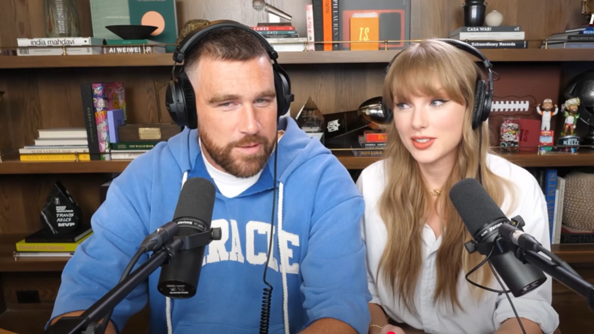 Taylor Swift on Travis Kelce&#039;s New Heights podcast (Image via YouTube/@newheightshow)
