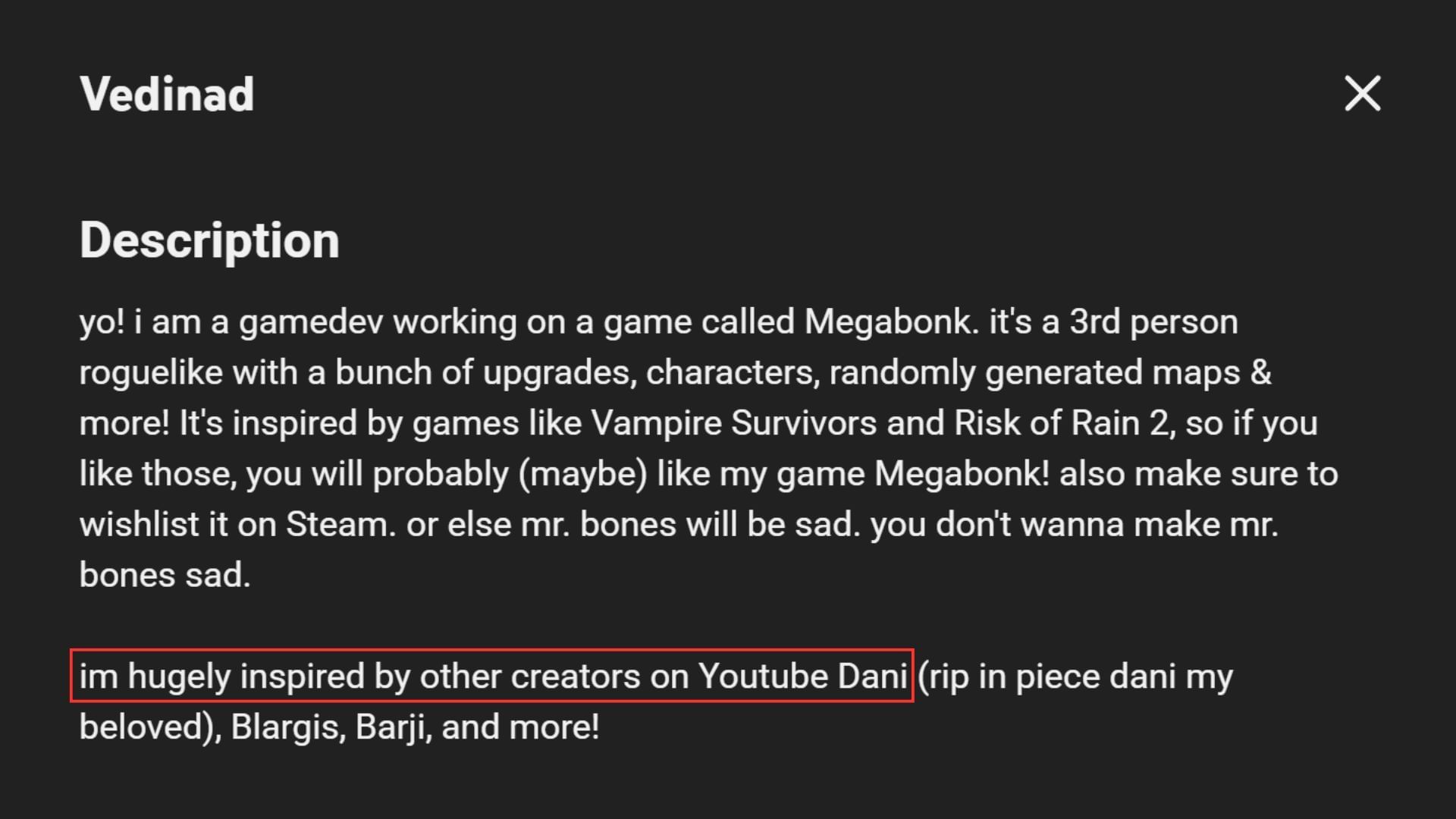 vedinad&#039;s YouTube Channel description (Image via YouTube/@Vedinad)