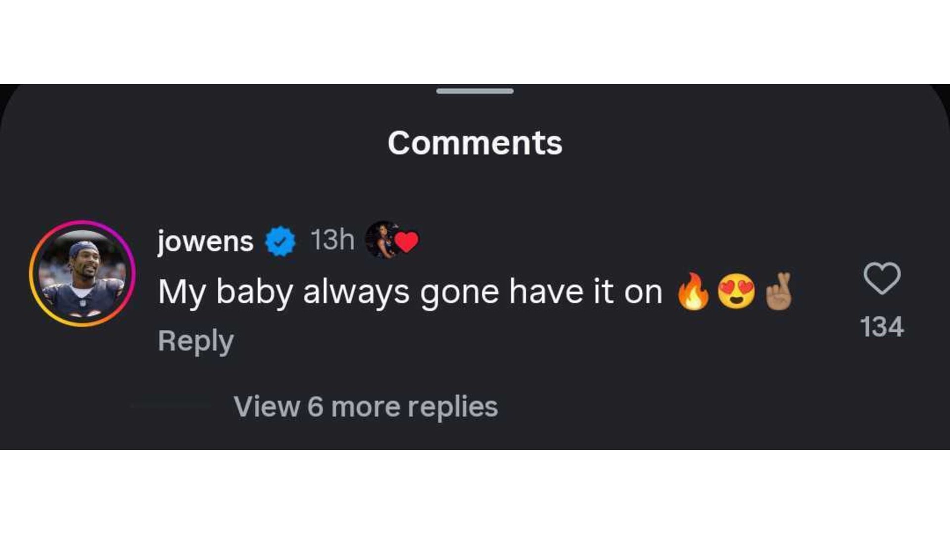 Screenshot of Owens&#039; comment on Biles post (Image via: @simonebiles on IG)
