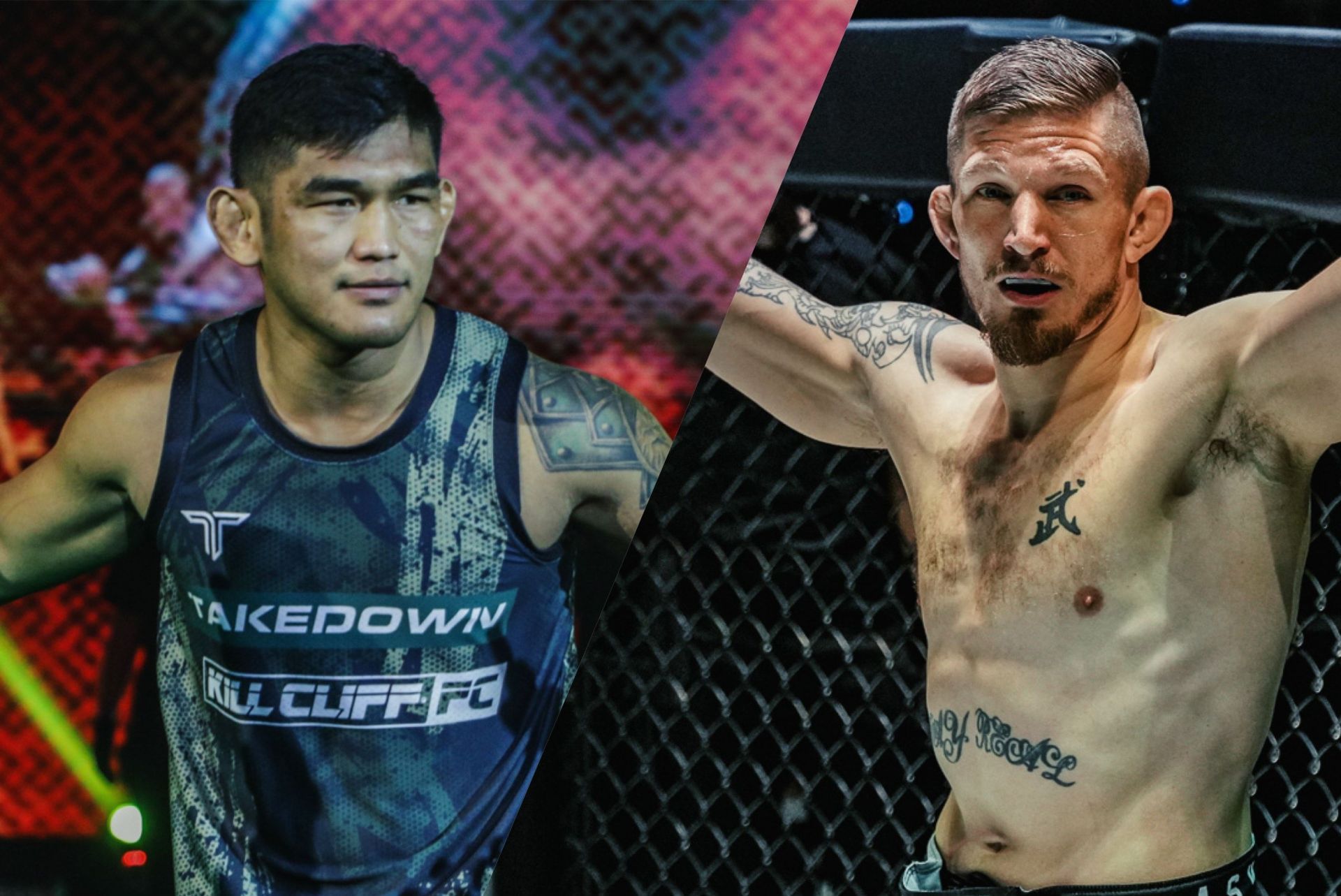 Former ONE world champions Aung La N Sang and Zebaztian Kadestam. Images: ONE Championship