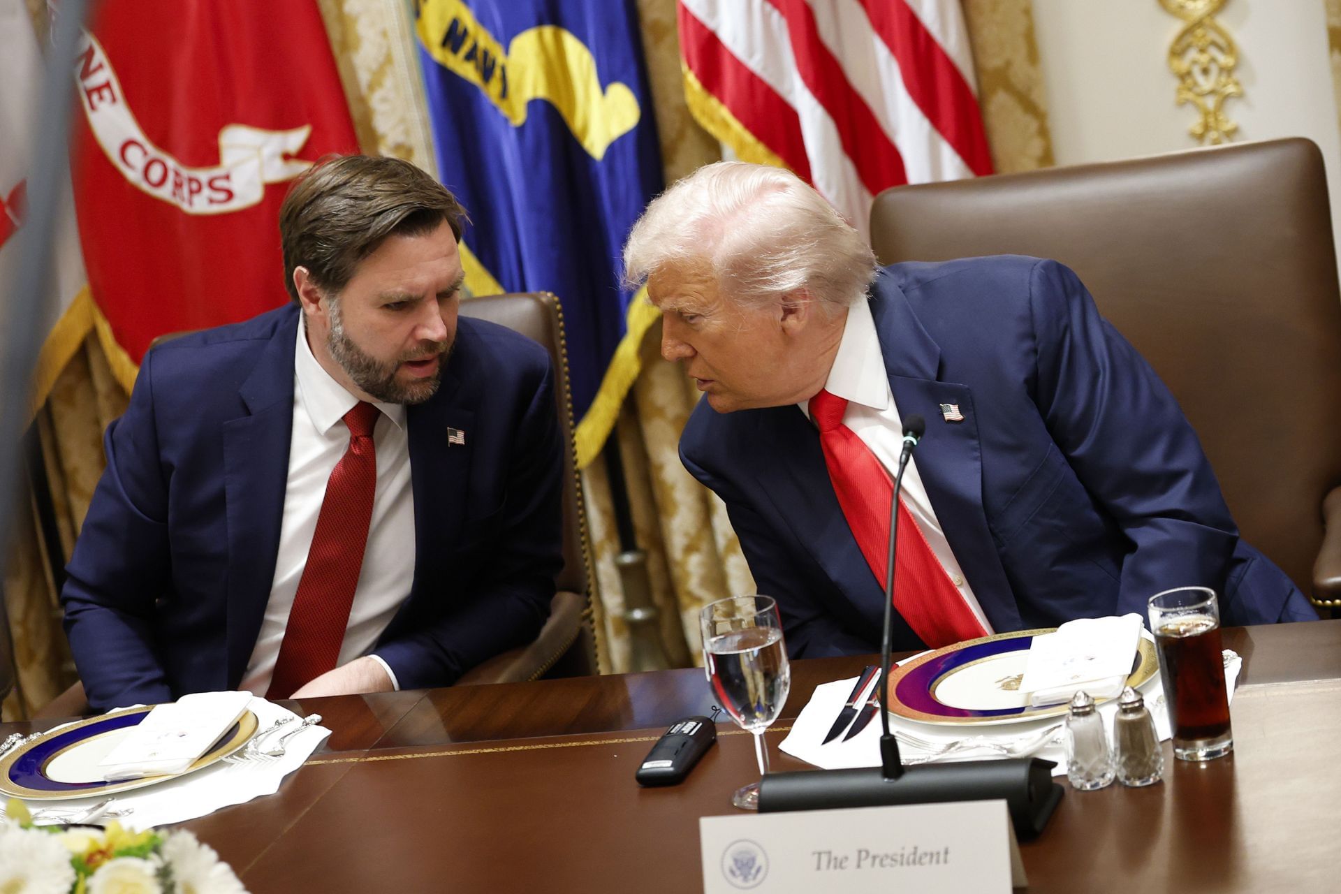President Donald Trump speaks with U.S. Vice President JD Vance (L) during a meeting with President of Argentina Javier Milei in the Cabinet Room (Image via Getty)