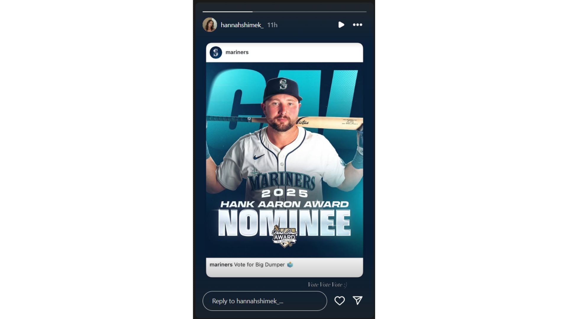 Cal Raleigh&#039;s girlfriend Hannah Shimek&#039;s Instagram story after his Hank Aaron award nomination (Source: Instagram @hannahshimek_)