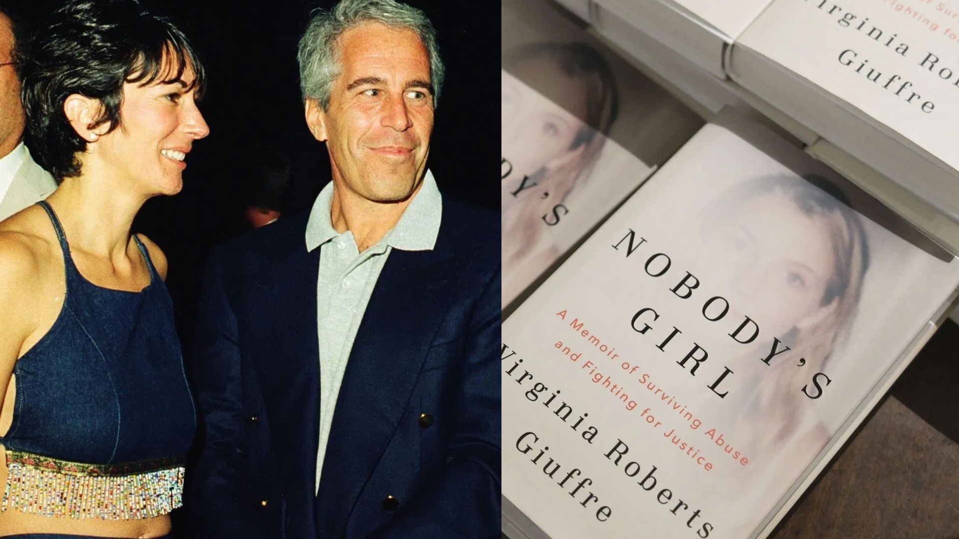 From L to R: Ghislaine Maxwell and Jeffrey Epstein, and Epstein survivor Virginia Giuffre book Nobody&#039;s Girl (Image via Getty Images)