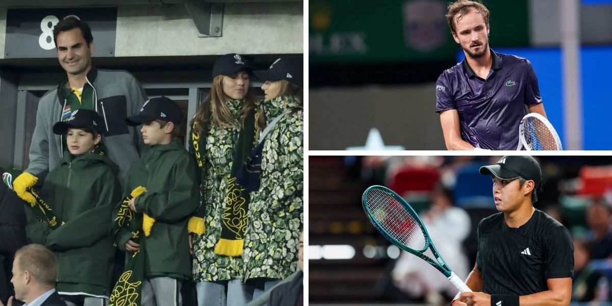 Roger Federer with his sons (L), Daniil Medvedev (top right), and Learner Tien (bottom right). (Photos: Getty)
