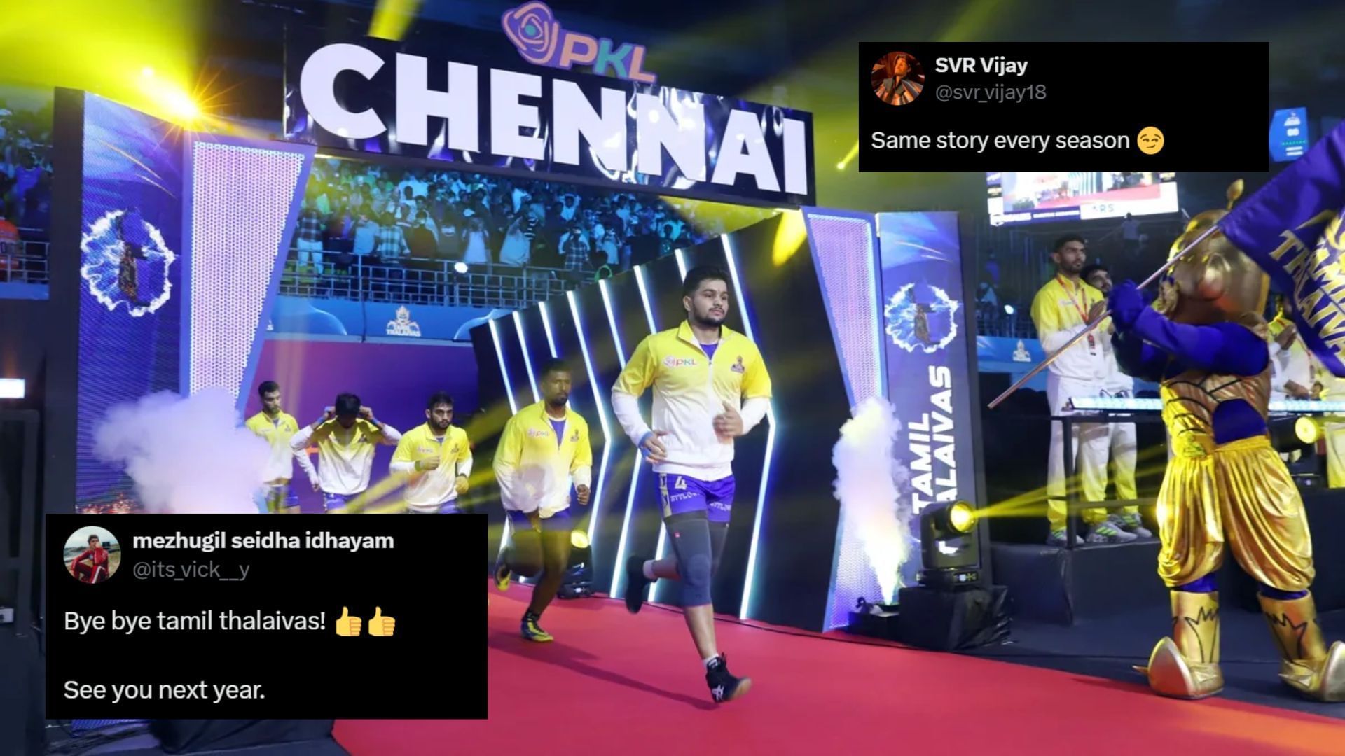 Tamil Thalaivas are almost out of the playoffs race (Image Credits: PKL &amp; @svr_vijay18,@its_vick__y/X)