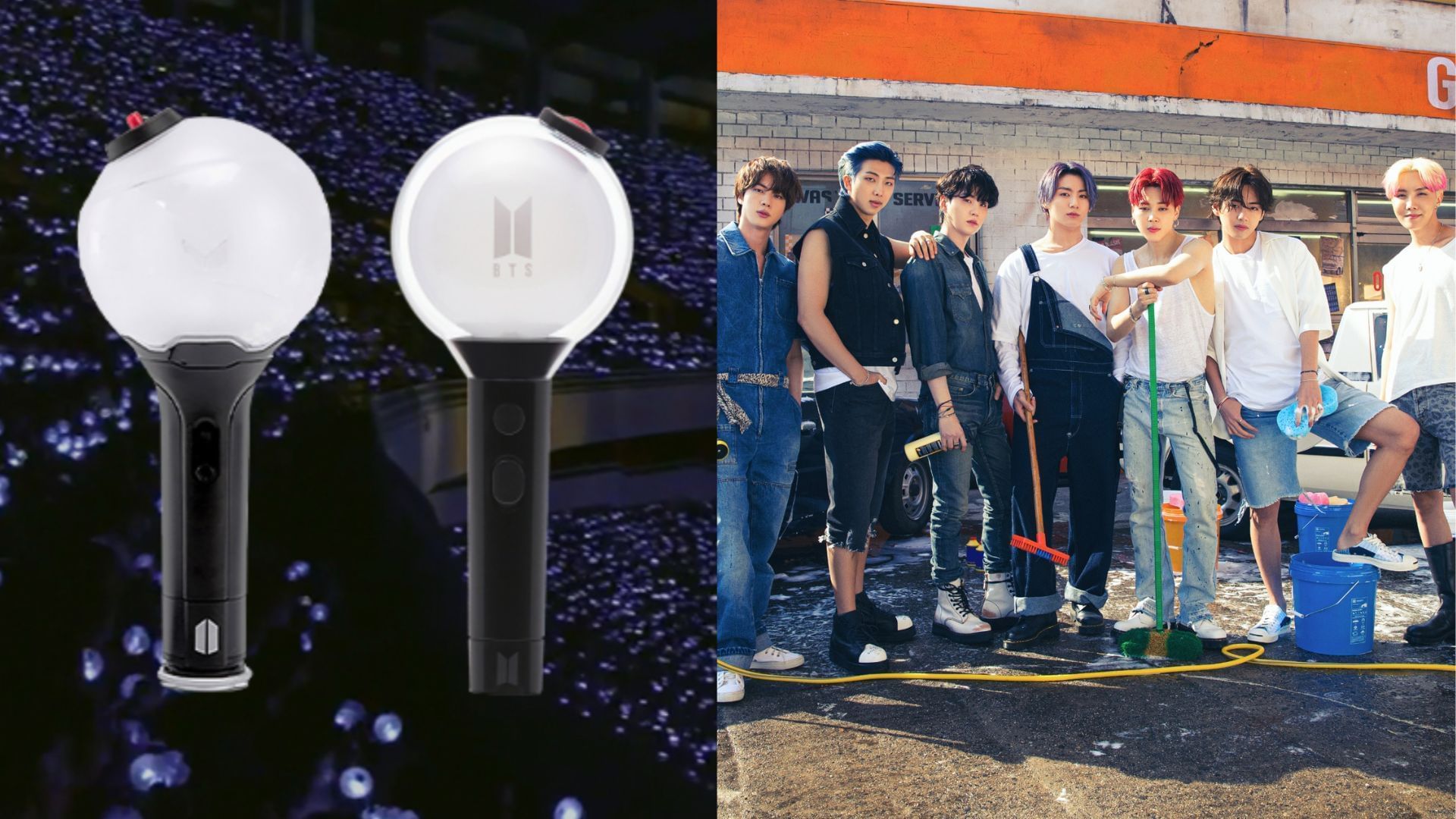 BTS members and ARMY BOMB (Image via X/@weverseshop, @bts_bighit)
