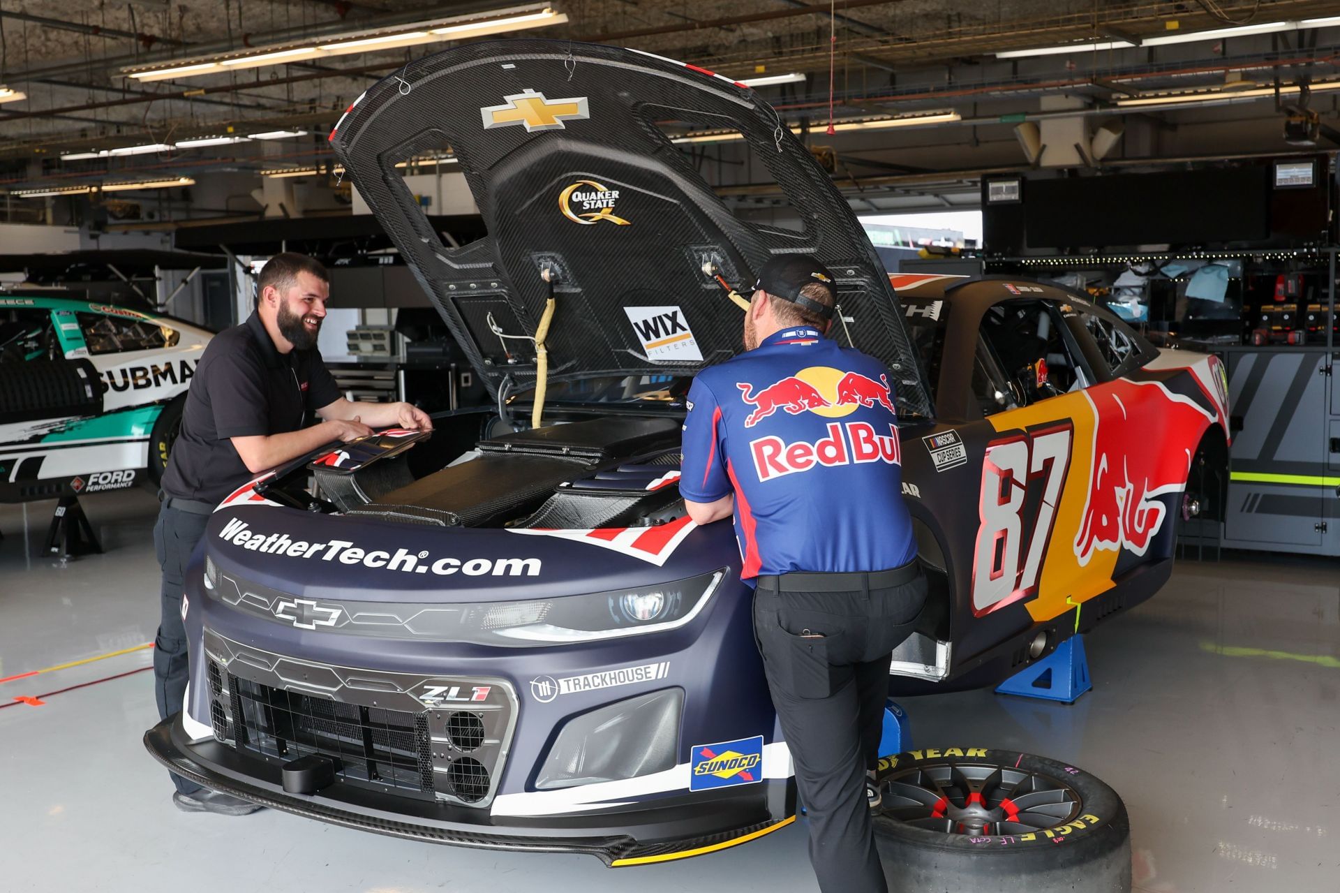 Trackhouse Racing crew works on Connor Zilisch&#039;s car (87) at COTA. Source: Getty