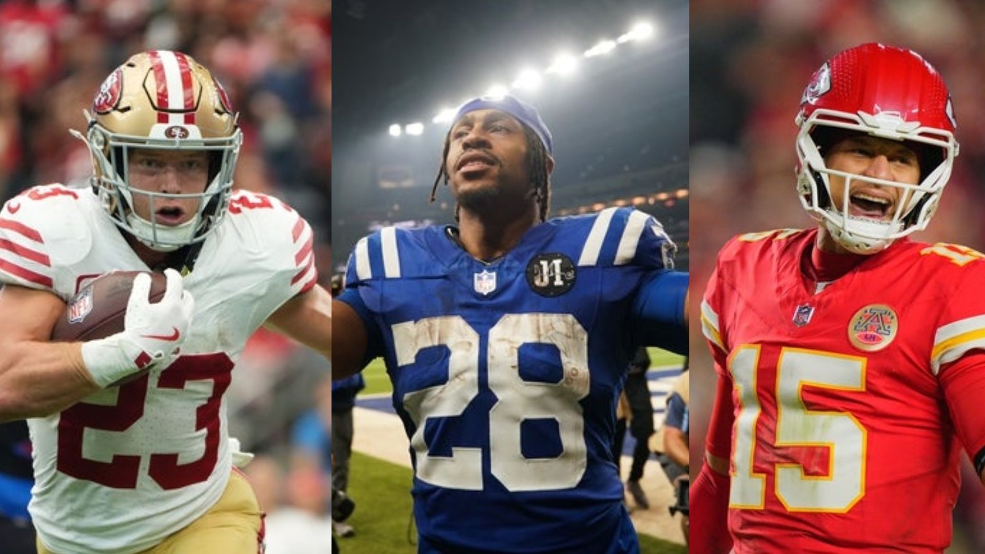 Christian McCaffrey, Jonathan Taylor, Patrick Mahomes (Source: Imagn)