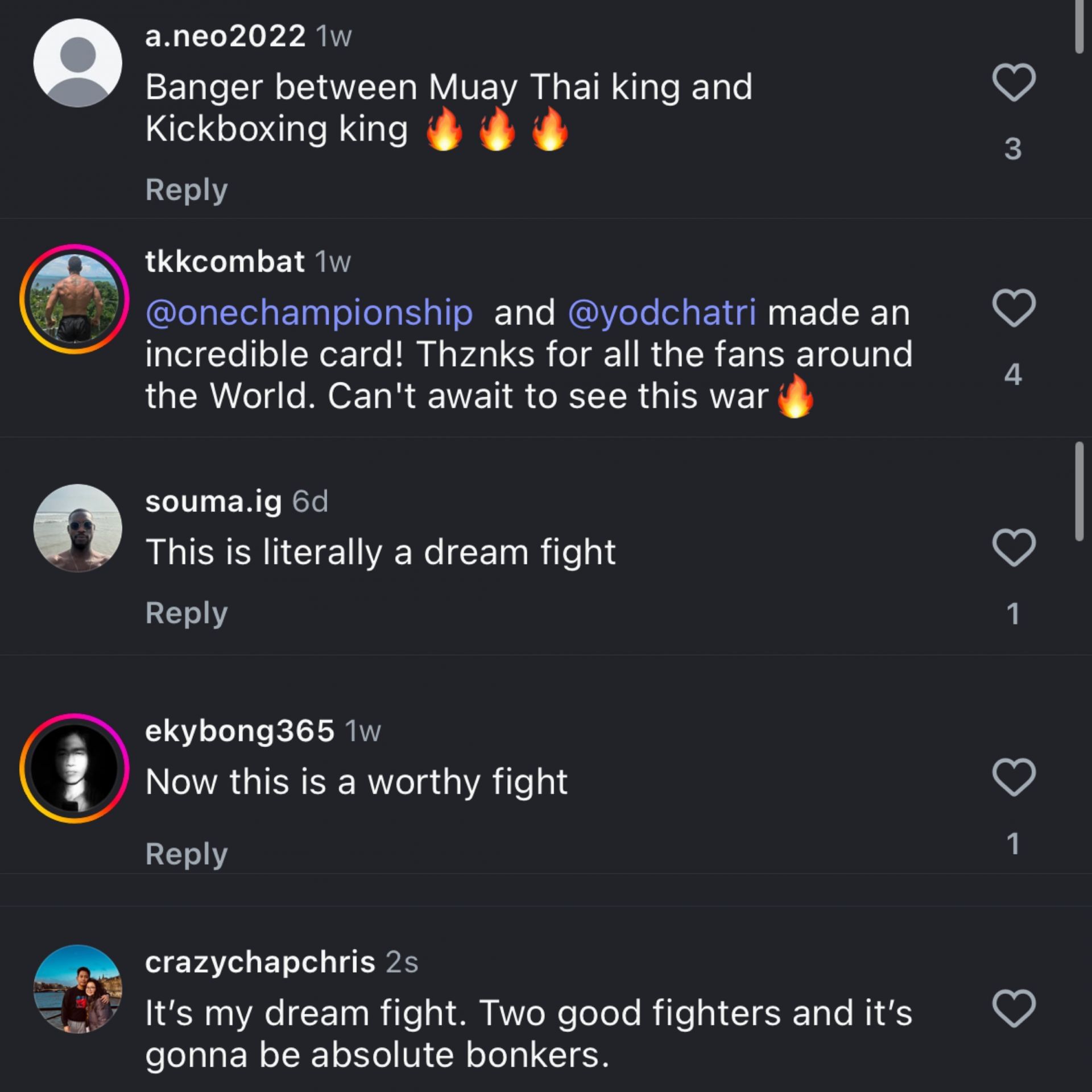 Fans react to Haggerty vs. Anane announcement. Screenshot from ONE Championship&#039;s Instagram account @onechampionship)