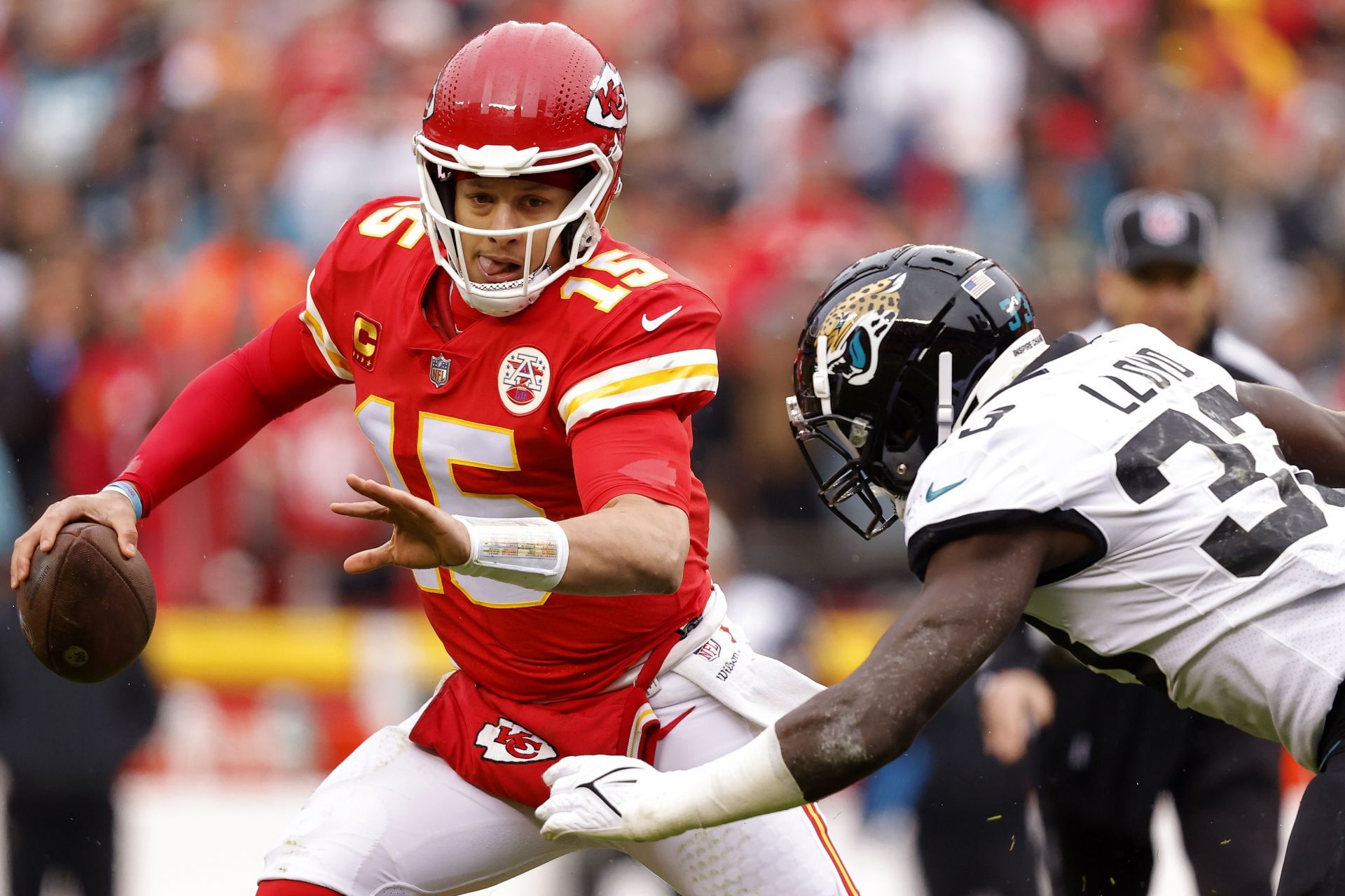 Patrick Mahomes against Devin Lloud- Jacksonville Jaguars v Kansas City Chiefs - Source: Getty