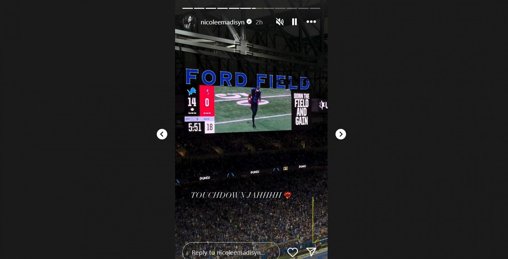 Jahmyr Gibbs&rsquo; GF Nicole Anderson&#039;s reaction as Lions RB hits 22mph for 78-yard TD vs. Bucs/@nicoleemadisyn