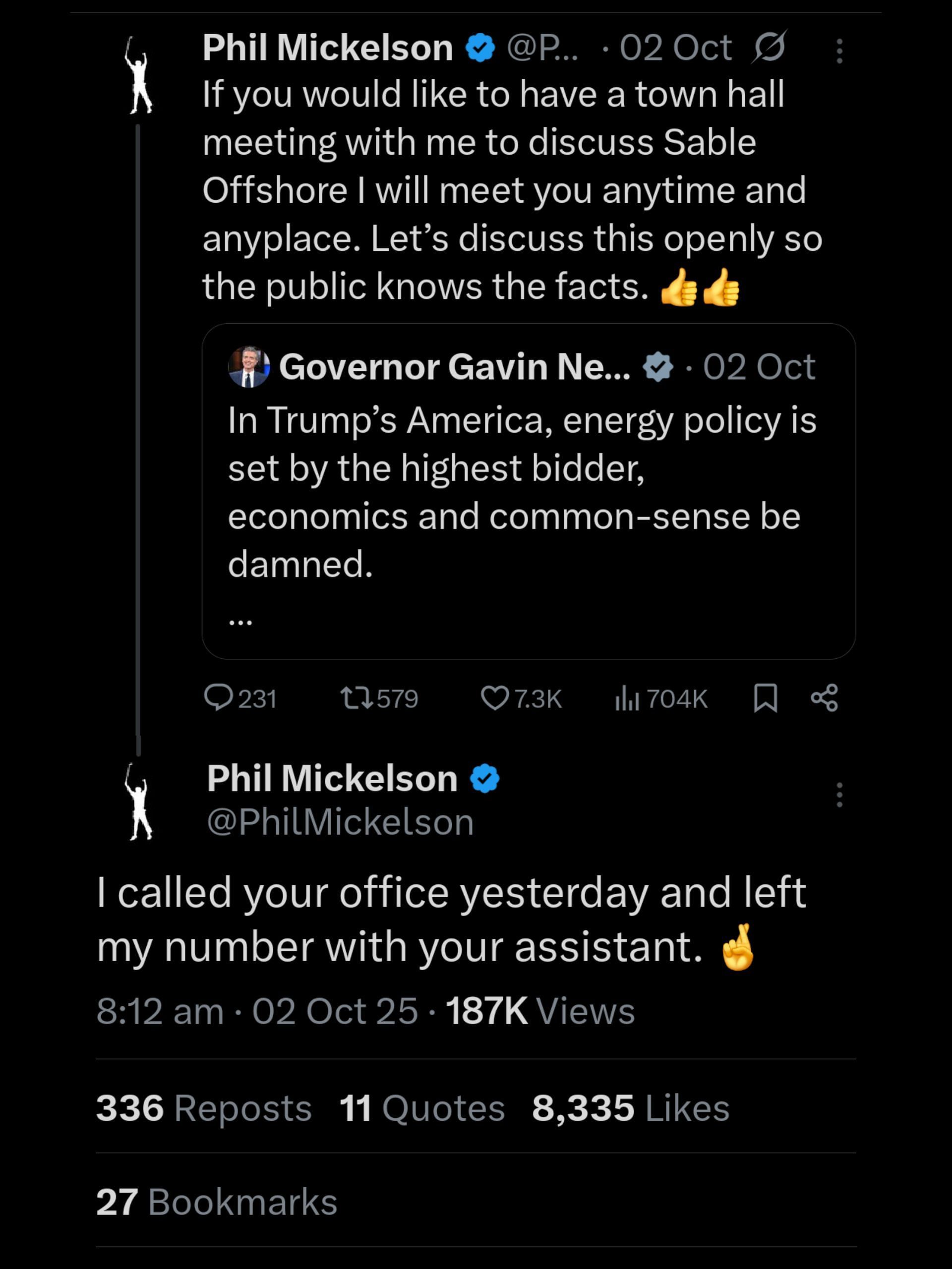 Screenshot from Mickelson&#039;s X post on Newsom / Source: @PhilMickelson on X