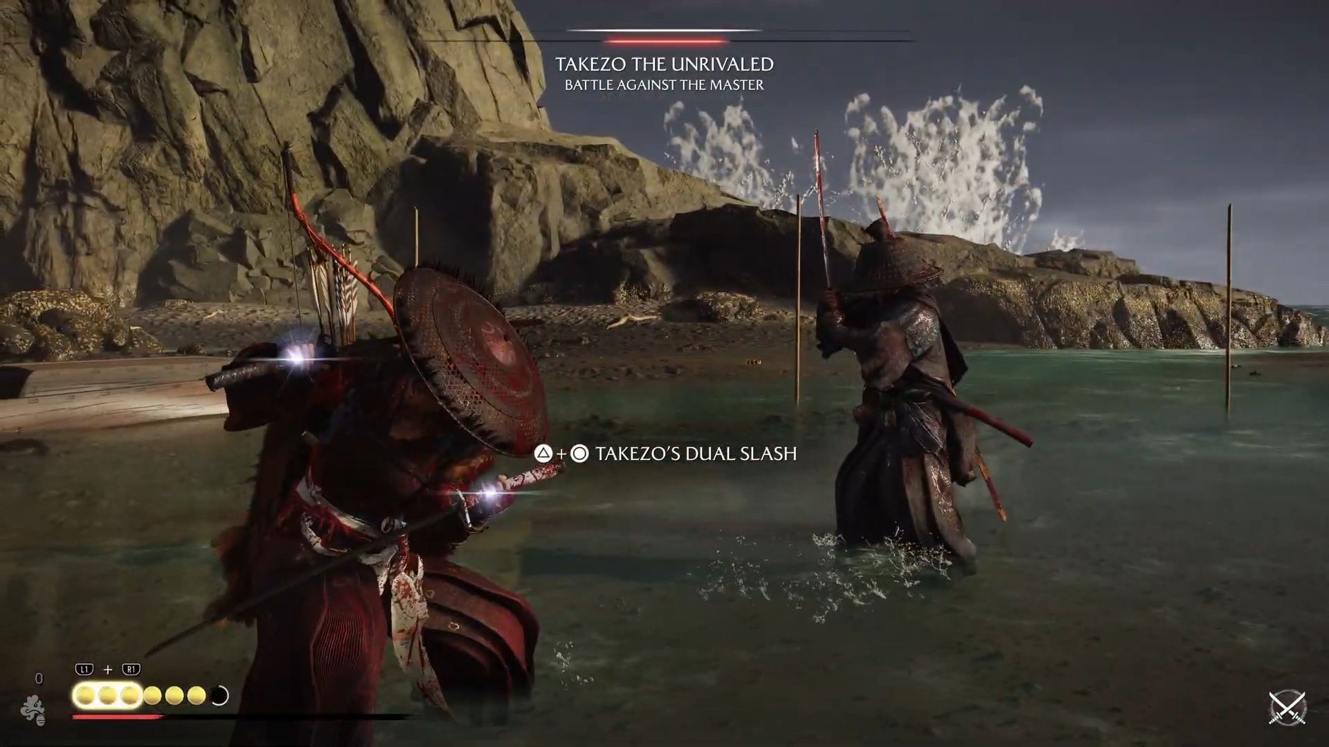 Conclude the fight for now in Takezo the Unrivaled quest, using the Dual Slash in Ghost of Yotei (Image via Sportskeeda Gaming || Sucker Punch)