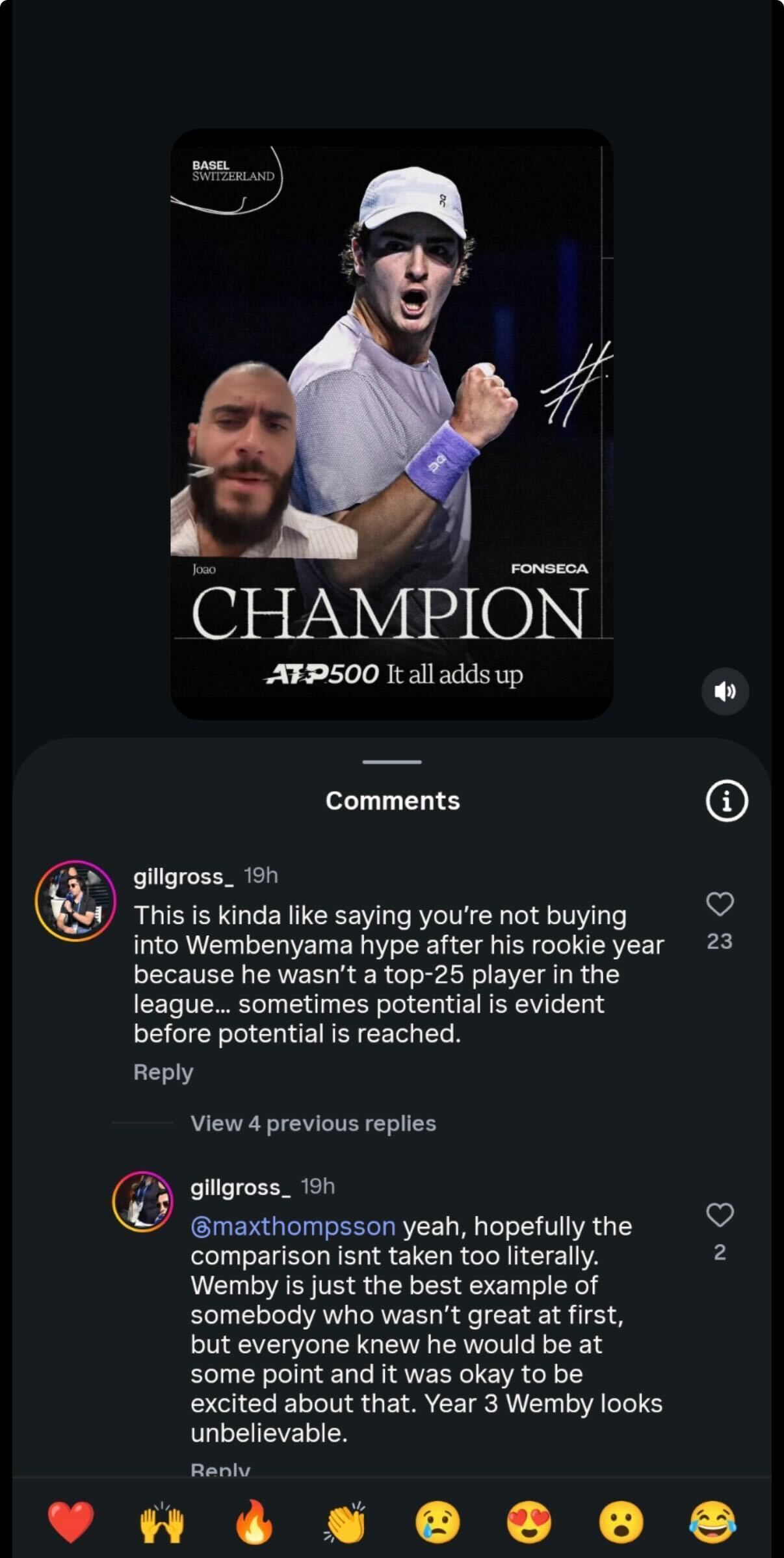 Gross&#039; comment in defense of Fonseca (Source: Instagram/georgecarmi)